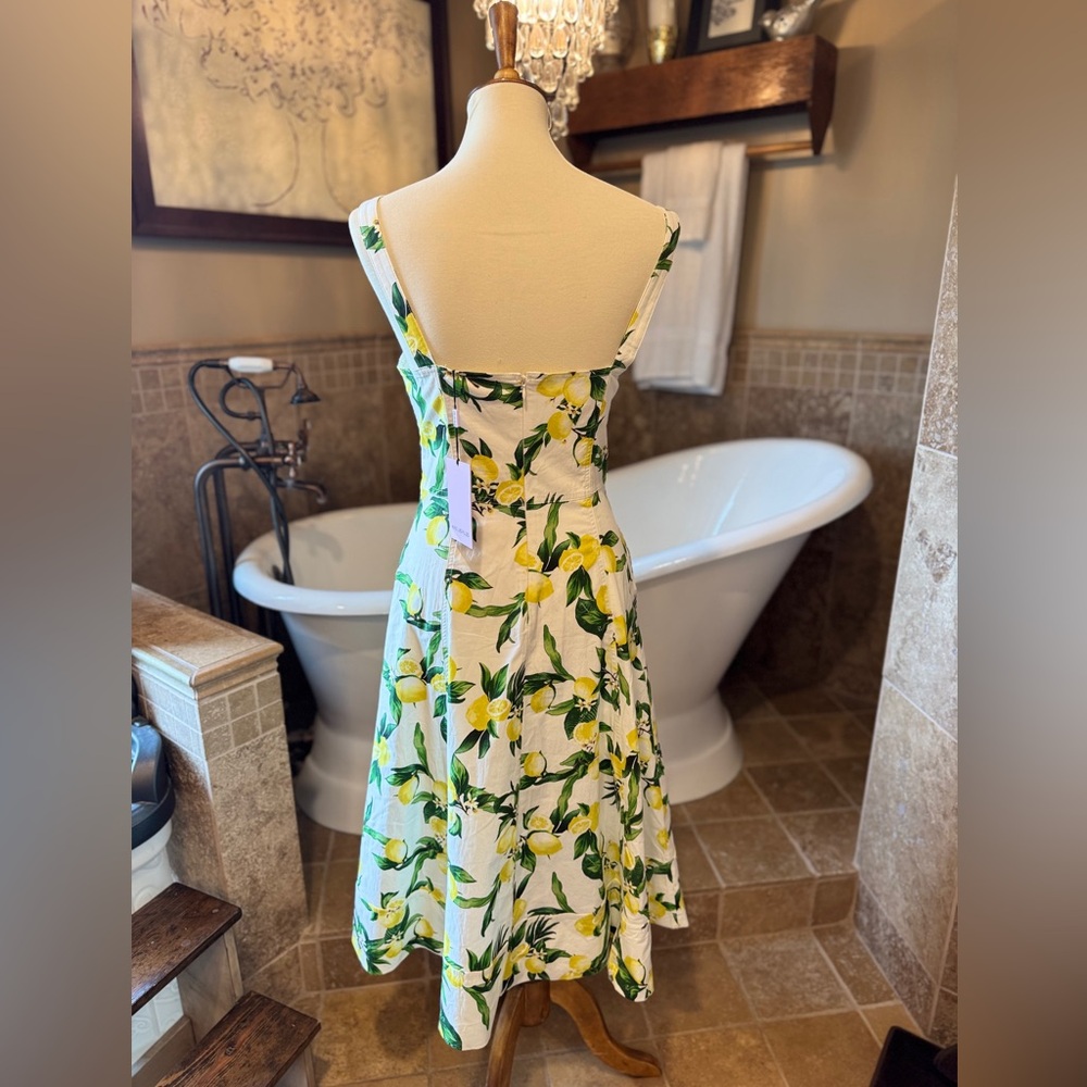 NWT Avec Les Filles Lemon Print Pockets Cotton-Blend Sweetheart Midi Dress 6 - Picture 5 of 8